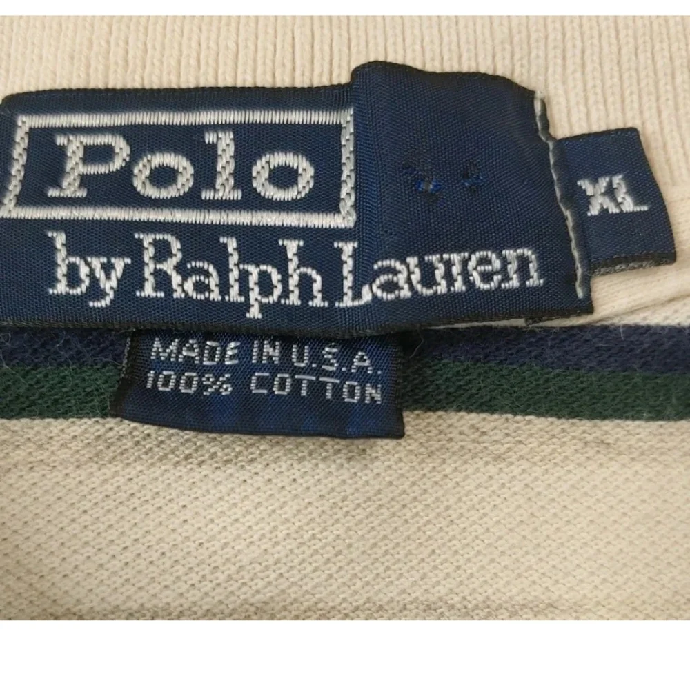 Polo Ralph Lauren Rugby Polo Shirt Men XL Beige Striped Vtg USA Pony Logo L/S